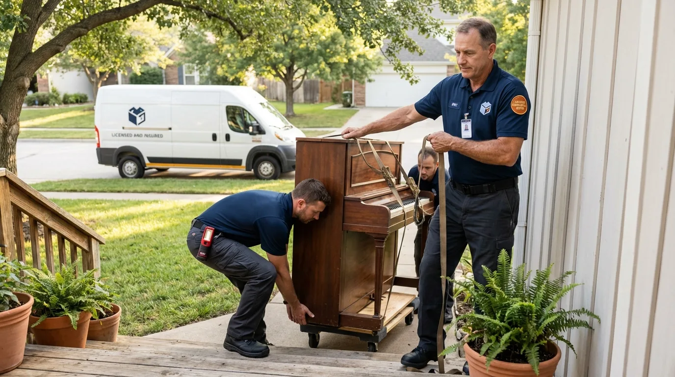Licensed piano movers securing grand piano in Basalt, CO
